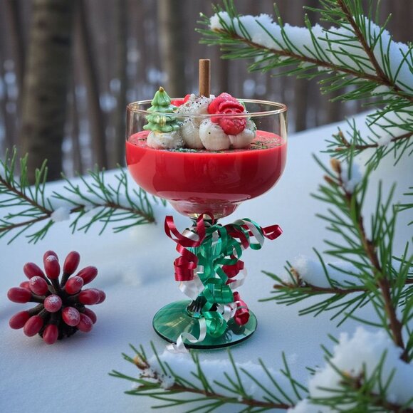 Holiday Candle ✦ Mistletoe & Cinnamon ✦ Soy Wax in XL Wine Glass w/ Green Stem - Picture 1 of 10